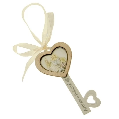 CHIAVE DELLA FELICITA' IN CERAMICA CON SIMBOLO COMUNIONE 9 CM