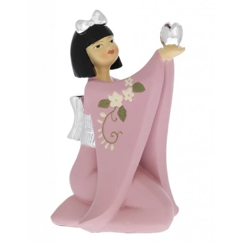 GEISHA SEDUTA CON FIOCCO E FIORE ROSA CM. 10,5