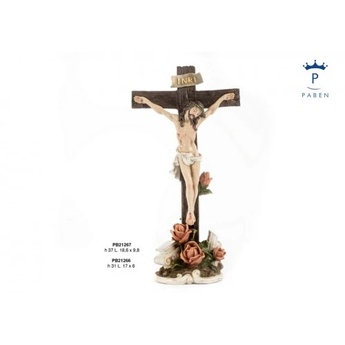GESU' CROCIFISSO TRA ROSE 37 CM. RESINA