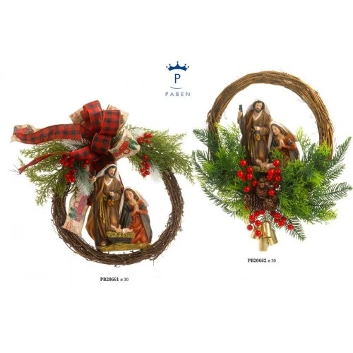 GHIRLANDA NATIVITA' BACCHE ROSSE 30 CM. RESINA STOFFA LEGNO