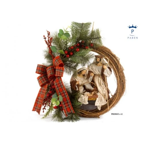 GHIRLANDA NATIVITA' BACCHE ROSSE 42 CM. RESINA STOFFA LEGNO