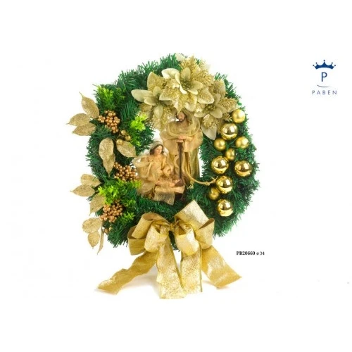 GHIRLANDA NATIVITA' SFERE ORO 34 CM. RESINA STOFFA LEGNO