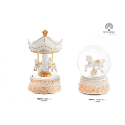 GLOBO CAVALLO DA GIOSTRA 16.3 CM. RESINA BIANCA ORO VETRO CARIL