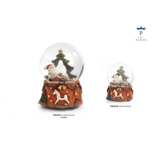 GLOBO CON ALBERO E BABBO NATALE 14.4 CM. RESINA VETRO CARILLON