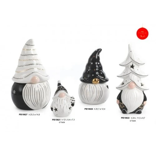 GNOMO SPIR. CON CAP. AL. NATALE 24 CM. CERAM. BIANCA NERA LUCE