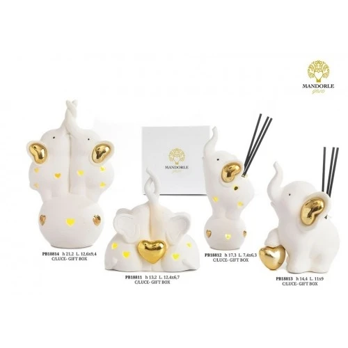 GRUPPO ELEFANTI ORO/PALLA 21.2 CM. PORC. LUCE