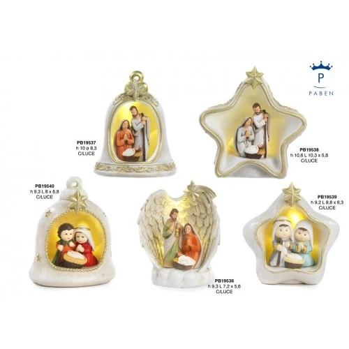 GRUPPO NATIVITA' BAMB. DENTRO CAMPANA 9.3 CM. RESINA LUCE