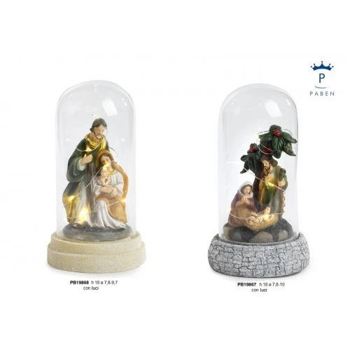 GRUPPO NATIVITA' CON PALME 18 CM. RESINA CAMPANA VETRO LUCI