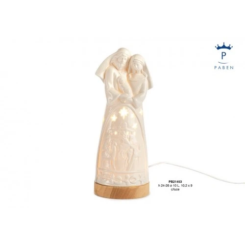 GRUPPO NATIVITA' STILIZZATA 26 CM. PORCELLANA SU BASE LEGNO LUCE