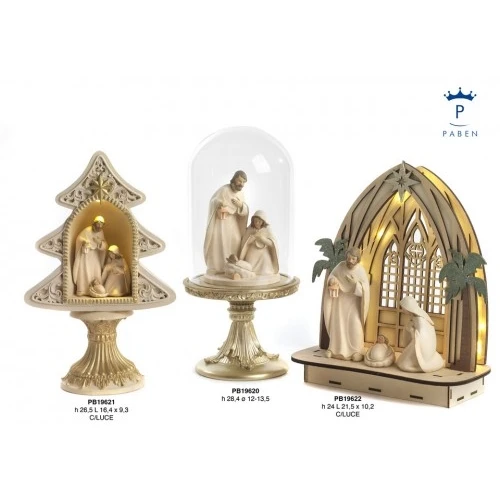GRUPPO NATIVITA' SU BASE 28.4 CM. RESINA CAMPANA VETRO