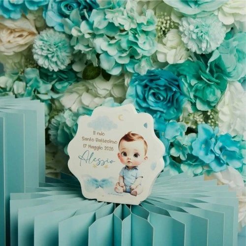 ICONA CON BIMBO - BOMBONIERA CLARALUNA PER BATTESIMO cm. 11,5x12x1,3 Celeste