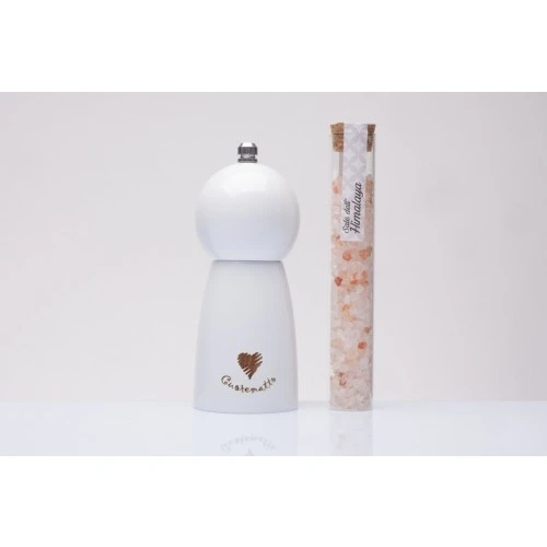Macinasale in Legno Cuorematto con Sale dell'Himalaya - Bomboniera Matrimonio Solidale e Utile cm.13 Bianco