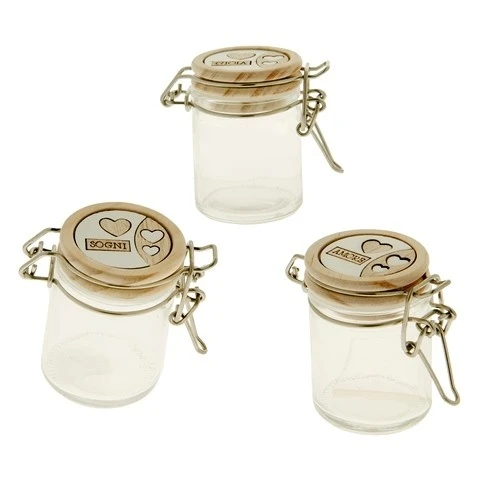 BARATTOLO IN VETRO CON TAPPO IN LEGNO E PAROLE SULL'AMORE 6,5 CM