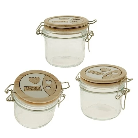 BARATTOLO IN VETRO CON TAPPO IN LEGNO E PAROLE SULL'AMORE 8 CM