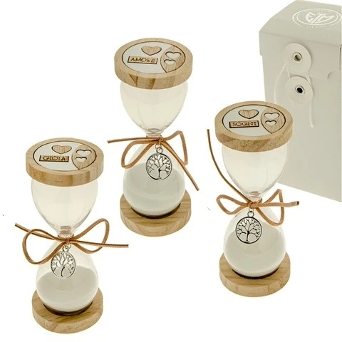 CLESSIDRA IN VETRO CON TAPPO IN LEGNO E PAROLE SULL'AMORE 13 CM