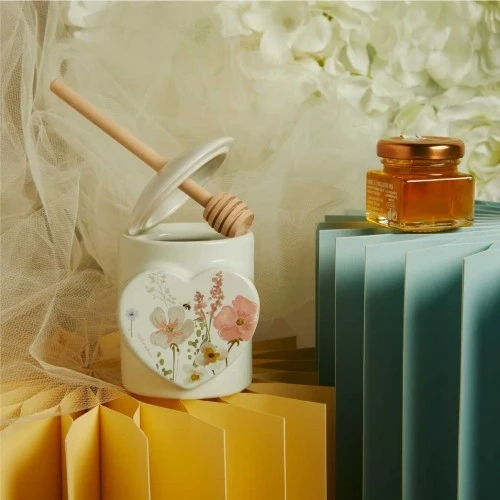 Bomboniera Claraluna porta miele con CUORE e fiori cm.6,5x7,5x9