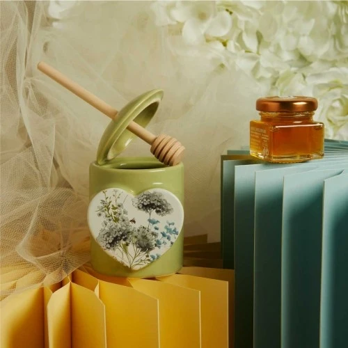 Bomboniera Claraluna Meliera Verde con Spargimiele e Decoro CUORE Floreale cm.6,5x7,5x9