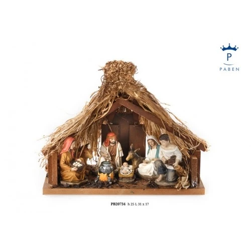 NATIVITA' DENTRO CAPANNA 25 CM. RESINA LEGNO