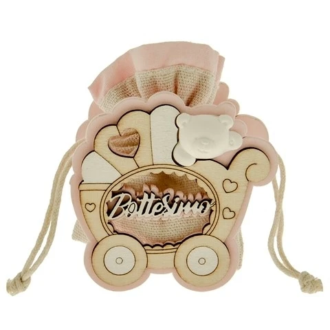 CARROZZINA IN LEGNO CON ORSETTO IN GESSO E SACCHETTO PORTA CONFETTI 8 CM