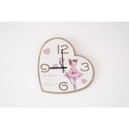 Orologio da Parete a Cuore in Legno con Ballerina: Arredo Cameretta Bambina CM.32