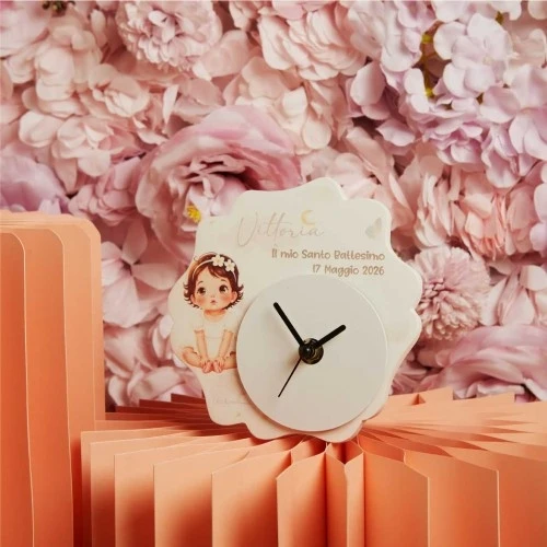 Orologio Battesimo bimba Claraluna: la bomboniera personalizzabile ed elegante cm.14x13x1 - rosa