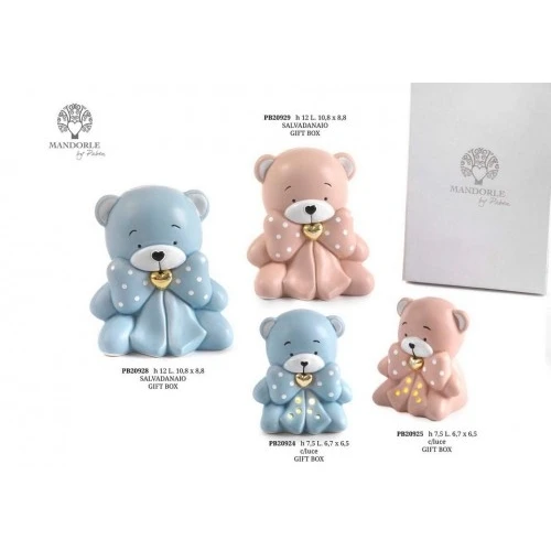 ORSETTO SEDUTO CON FIOCCO CELESTE 7.5 CM. PORCELLANA LUCE G.BOX