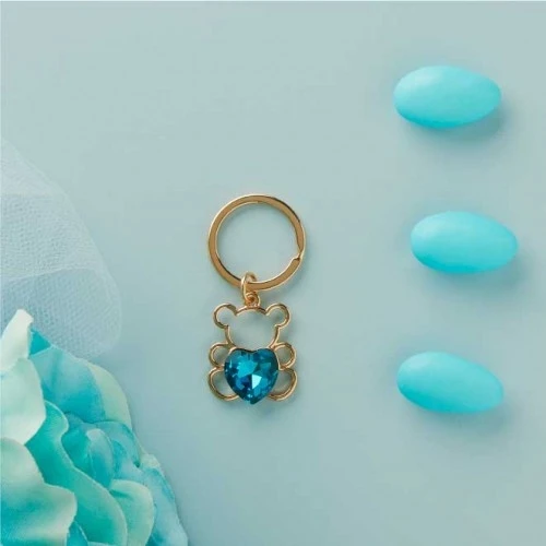 Portachiavi per nascita Claraluna Oro Orso Con Cuore Brillante Celeste Cm. 3 Circa