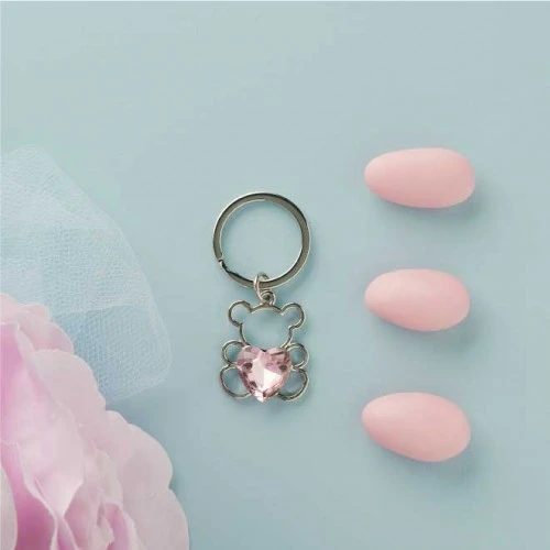 Portachiavi Claraluna per nascita Orso Argento Con Cuore Brillante Rosa Cm. 3 Circa