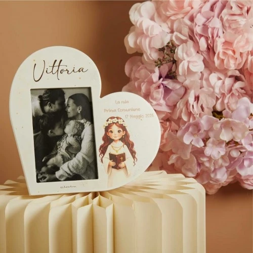 Portafoto Claraluna A Forma Di Cuore Per Comunione Bambina Cm. 15X15X1