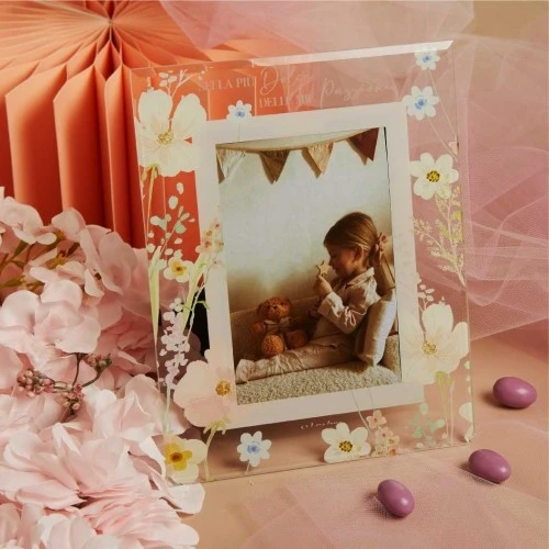 Portafoto in Cristallo Claraluna con Fiori Rosa: Luce e Delicatezza per i tuoi Ricordi cm.18x23