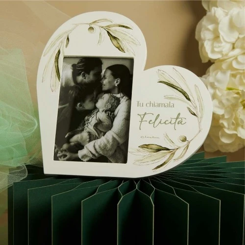 Portafoto Cuore Claraluna con Ramoscelli d'Ulivo – Bomboniera Matrimonio e Comunione cm.15x15x1