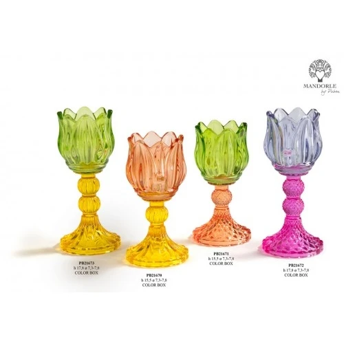 PORTACANDELA TULIPANO 15.5 CM. VETRO VERDE - ARANCIONE C.BOX