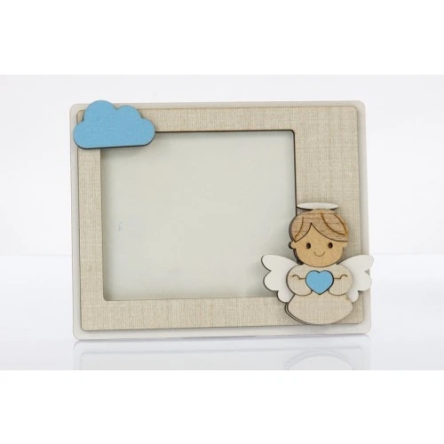 Bomboniera Solidale Portafoto Angioletto Cuorematto: Nascita e Battesimo cm.8,5x10 Celeste