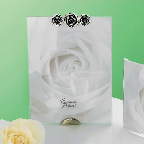 Portafoto da tavolo verticale dal design moderno con rose in argento