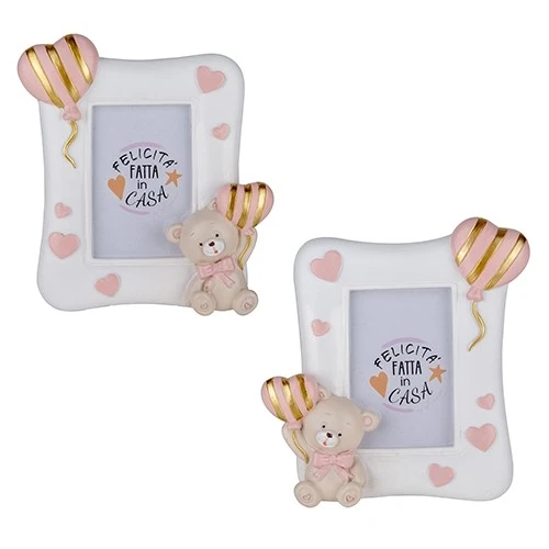 BOMBONIERA PER BATTESIMO ORSO PORTAFOTO ROSA CM.10 H.12