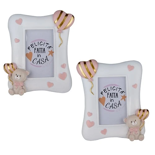 BOMBONIERA PER BATTESIMO ORSO PORTAFOTO ROSA CM.15 H.18