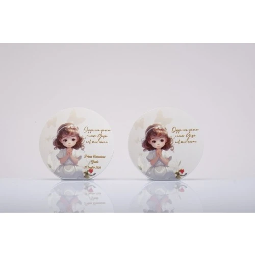 Bomboniera Solidale Comunione Bimba Cuorematto: Quadretto Rotondo Personalizzato cm.10