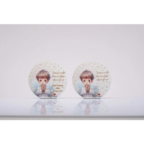 Bomboniera Solidale Comunione Bimbo Cuorematto: Quadretto Rotondo Personalizzato cm.10