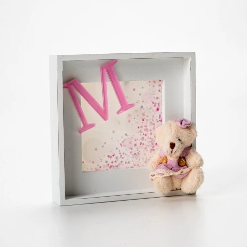 QUADRETTO ORSETTO PELUCHE ROSA CON INIZIALE