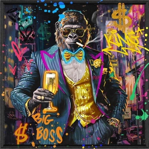 Quadro LED Scimpanzé Boss con Champagne e Dollari - Insegna Luminosa a Batteria