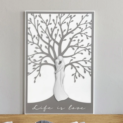 Quadro moderno piccolo in legno con albero della vita e abbraccio di innamorati