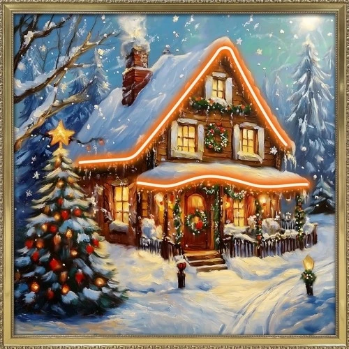 Quadro con casetta di montagna in paesaggio di natale innevato con luci led integrate 