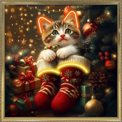 Quadro con gattino a led a batteria natalizio