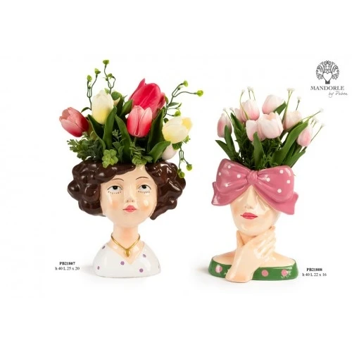 RAGAZZA MEZZOBUSTO VASO DI TULIPANI 40 CM. RESINA PLAST
