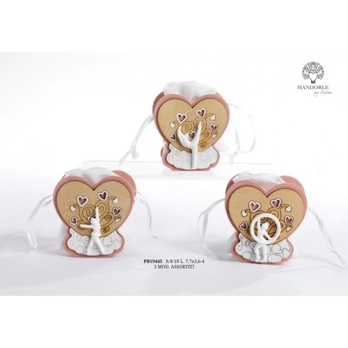 PORTACONFETTI CUORI BALLERINA 8 CM. LEGNO PORC. STOFFA