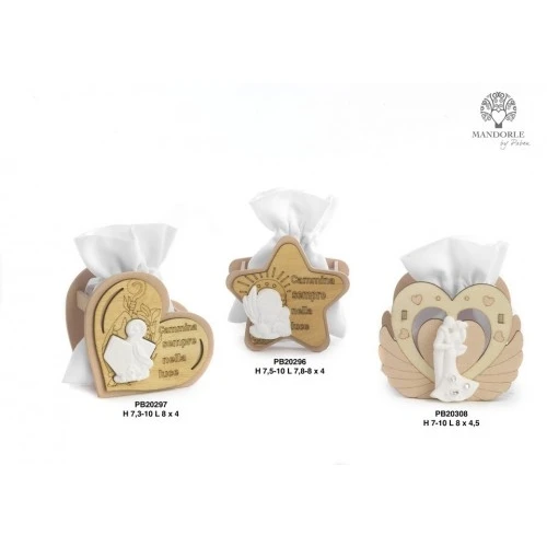 PORTACONFETTI A CUORE CON SPOSINI 7 CM. LEGNO GESSO STOF