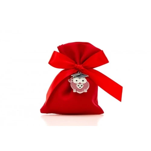 Bomboniera Solidale Laurea Cuorematto: Portaconfetti con Ciondolo Gufo e Tocco cm.9x12