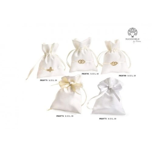 SACCHETTO X CONFETTI AVORIO FIOCCO-CUORE 13 CM. STOFFA GESSO