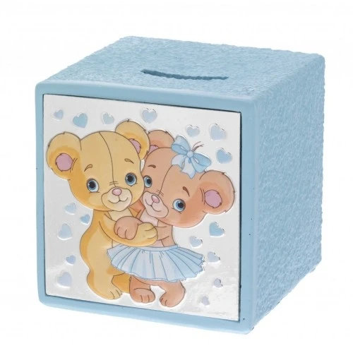 SALVADANAIO CUBO CON COPPIA ORSETTI AZZURRO