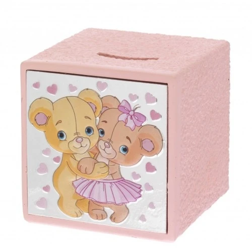 SALVADANAIO CUBO CON COPPIA ORSETTI ROSA